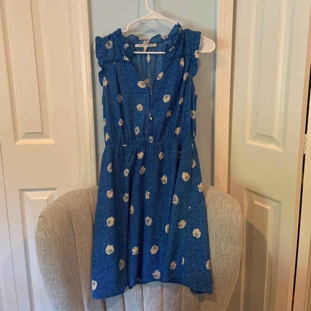 Blue and white floral mini ruffle sleeve dress